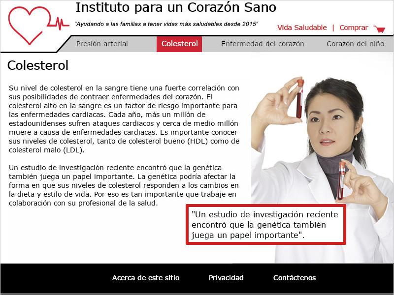 Imagen de la página 'Colesterol' de Instituto para un Corazón Sano. En el sitio hay información de salud general sobre el colesterol y un cuadro rojo destaca el texto 'un estudio de investigación reciente encontró que la genética también juega un papel importante'.