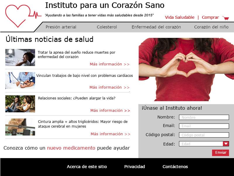 Imagen de la página de inicio del Instituto para un Corazón Sano. En la parte superior de la página, sobre el menú horizontal de navegación del sitio, se encuentra un ícono rojo de carrito de compras. Un anuncio sin etiqueta está directamente debajo del contenido de salud de la página, lo que dificulta saber cuál es el anuncio. Hay una forma en la esquina inferior derecha del sitio que solicita información de identificación personal. El pie de página tiene enlaces a 'Acerca de este sitio', 'Privacidad' y 'Contáctenos'.