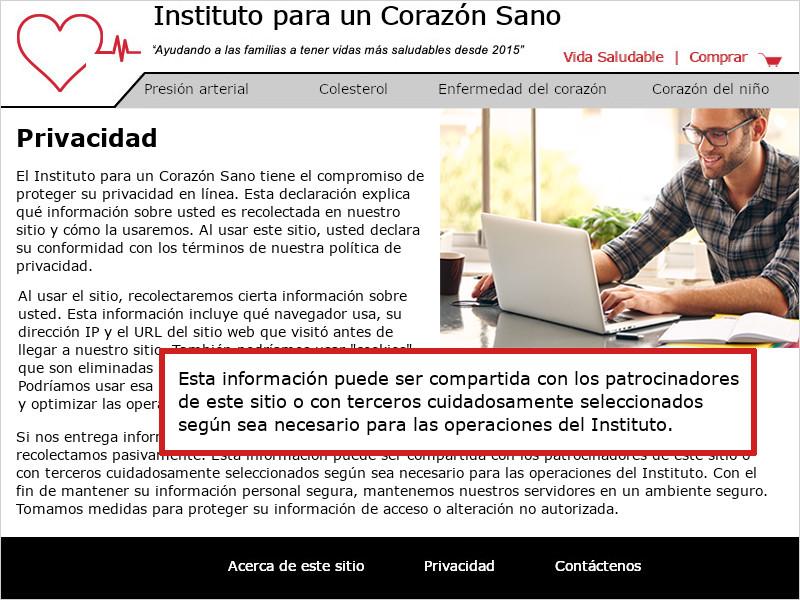 Imagen de la 'Política de privacidad' del Instituto para un Corazón Sano. Un recuadro rojo destaca el texto 'Esta información puede ser compartida con los patrocinadores de este sitio o con terceros cuidadosamente seleccionados según sea necesario según sea necesario para las operaciones del Instituto'.