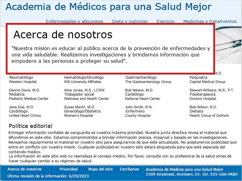 Imagen de la página 'Acerca de nosotros' de la Academia de Médicos para una Salud Mejor. Un cuadro rojo destaca el texto de su declaración de misión. La página también contiene una lista de la Junta Directiva y su Política Editorial.