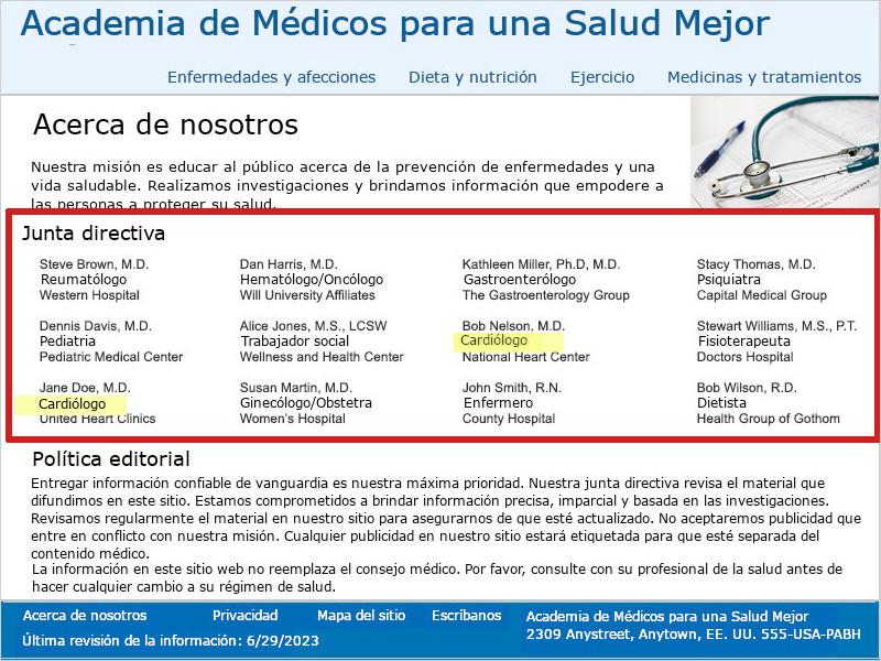 Un cuadro rojo destaca la lista de la Junta Directiva en esta imagen de la página 'Acerca de nosotros' de la Academia de Médicos para una Salud Mejor. La lista incluye los nombres de los miembros de la junta, los niveles de grado, el área de especialización en salud y la organización a la que pertenecen. La palabra 'cardiólogo' está destacada en amarillo bajo dos nombres diferentes.