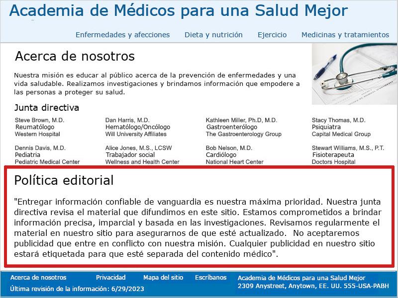 Imagen de la página 'Acerca de nosotros' de la Academia de Médicos por una Salud Mejor. Un recuadro rojo destaca su política editorial. La política establece con qué frecuencia se revisa el contenido y los estándares de publicidad de la organización.