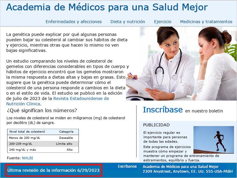 Imagen de la página de inicio de la Academia de Médicos para una Salud Mejor. En el área de pie de página, un cuadro rojo destaca el texto 'Última revisión de la información 06/29/2023'.