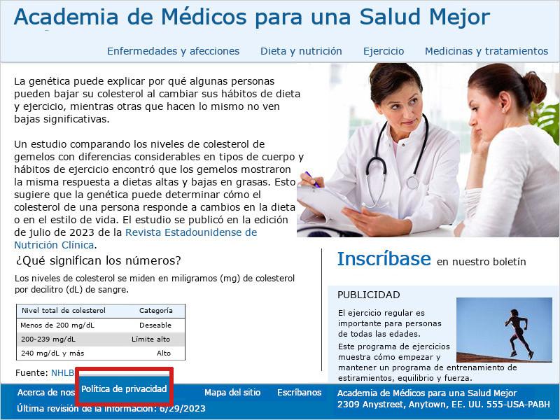 Imagen de la página de inicio de la Academia de Médicos para una Salud Mejor. Abajo un cuadro rojo destaca el enlace a su página de 'Política de privacidad'.