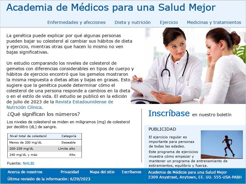 Imagen de la página de inicio de Academia de Médicos para una Salud Mejor. Incluye un menú horizontal para navegar el sitio, las fuentes de contenido de salud están claramente indicadas con enlaces, una publicidad está claramente etiquetada y el área de pie de página contiene enlaces a las páginas 'Acerca de nosotros', 'Política de privacidad', 'Mapa del sitio' y 'Escríbanos'. La fecha de la última revisión y la información de contacto también se encuentran en el pie de página.