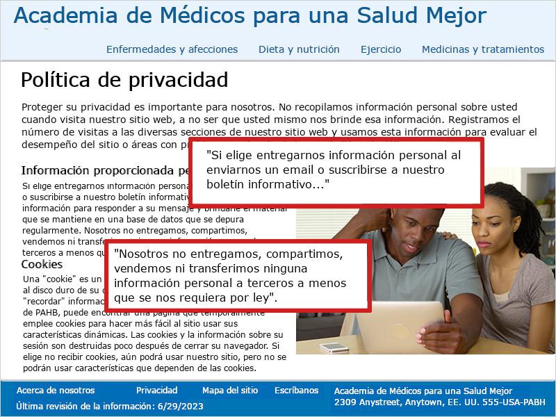 Imagen de la página 'Política de privacidad' de la Academia de Médicos para una Salud Mejor. La página tiene tres párrafos de contenido. Un cuadro rojo destaca el texto 'Si elige entregarnos información personal al enviarnos un email o suscribirse a nuestro boletín informativo...' y otro destaca el texto 'Nosotros no entregamos, compartimos, vendemos ni transferimos ninguna información personal a terceros a menos que se nos requiera por ley'.