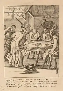 Eau-forte représentant une scène de repas entre quatre hommes que quatre femmes viennent interrompre sous le coup de la révélation d'adultères. L'une tire sur la nappe, faisant tomber la vaisselle tandis que les autres pourchassent les maris infidèles.