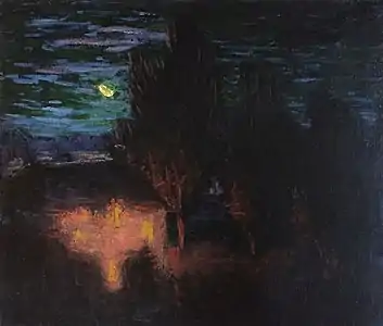 "Les Korrigans sous la lune - The dance of the elves of Pont-Aven" (Moonlit landscape with tall trees) ca. 1898-1900