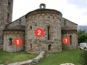 Dos absidiolos laterales unidos por un ábside central. Imagen de la iglesia de Sant Climent de Taüll. (1: absidiolos; 2: ábside)