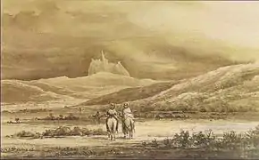 "Órganos de Actopan desde el camino a Real del Monte" obra de François Mathurin Adalbert (1832).