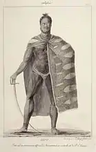 Dibujo de Jacques Arago (1819) : Ooro, uno de los principales oficiales de Kamehameha II. Conservado al Honolulu Academy of Artes.