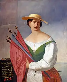 Cuadro de un pintor venecia que representa a una mujer con banderas rojas en la mano