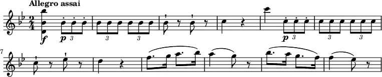 \relative c'' {
\version "2.18.2"
\key bes \major
\time 2/4
\tempo "Allegro assai"
\tempo 4 = 140
<d, bes' bes'>4 \f \tuplet 3/2 {bes'8-.\p bes-. bes-. }
\tuplet 3/2 {bes bes bes} \tuplet 3/2 {bes bes bes}
bes8-! r8 bes8-! r8
c4 r4
c' \tuplet 3/2 {c,8-.\p c-. c-. }
\tuplet 3/2 {c c c} \tuplet 3/2 {c c c}
c8-! r8 ees-! r8
d4 r4
f8. (g16 a8. bes16)
a4 (g8) r8
bes8. (a16 g8. f16)
f4 (ees8) r8
}