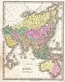 Mapa de 1827 de Anthony Finley, que muestra los límites a lo largo del Don, el Volga, pasando entre Perm y Ufá, y en corriendo en dirección norte por tierra hasta la bahía de Bajdaratskaya en el mar de Kara, emplazando Nueva Zembla en Europa.
