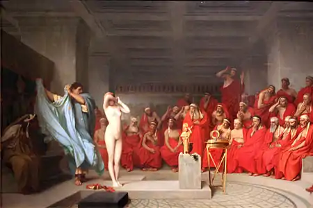Jean-Léon Gérôme. Praxíteles desnuda a Friné ante el Areópago. 1861.