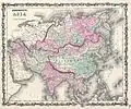 Mapa de 1861 de A. J. Johnson, que ilustra la convención moderna, divisoria del Cáucaso, río Ural y montes Urales.