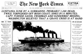 Portada del New York Times anunciando la noticia del torpedeamiento y naufragio del Lusitania, publicado el día posterior al desastre.