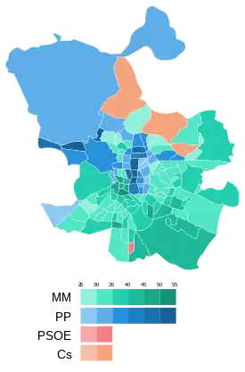 Mapa del resultado por distritos de la elección municipal de 2019 en Madrid