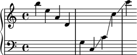 \new PianoStaff <<
\new Staff = "upper" {b''4 e'' a' d' \change Staff ="lower" g c \glissando c' \glissando \change Staff ="upper" c'' \glissando c''' }
\new Staff = "lower" {\clef bass s4*9 }
>>