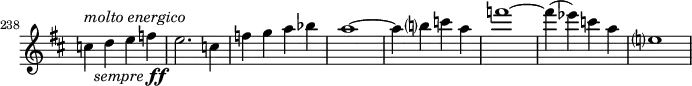 \relative c' \new Staff \with { \remove "Time_signature_engraver" } {
\key d \major \time 2/2
\set Staff.midiInstrument = "violin"
\set Score.tempoHideNote = ##t \tempo 1 = 68
\set Score.currentBarNumber = #238 \bar ""
<< c'4 { s8^\markup{ \italic { molto energico } } s_\markup{ \italic sempre \dynamic ff } } >>
d4 e f e2. c4 f g a bes a1~ a4 b? c a f'1~ f4( es) c a e?1 }