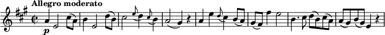 \relative c'' {
\version "2.18.2"
\key a \major
\time 2/2
\tempo "Allegro moderato"
\tempo 4 = 120
a4\p e2 cis'8( a) |\noBreak
b4 e,2 d'8( b) |\noBreak
cis2 \appoggiatura e8 d4 \appoggiatura cis8 b4 |\noBreak
a2( gis4) r |\noBreak
a4 e' \appoggiatura d8 cis4 b8( a) |\noBreak
gis8( fis) fis'4 e2 |\noBreak
b4. cis8 d8( b) cis( a) |\noBreak
a( gis) b( gis) e4 r
}