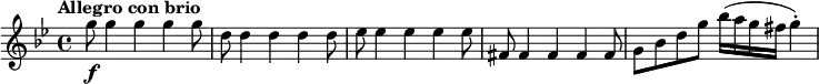 \relative c''' {
\set Score.tempoHideNote = ##t
\tempo "Allegro con brio" 4 = 155
\key g \minor
g8\f g4 g g g8 |
d8 d4 d d d8 |
es8 es4 es es es8 |
fis,8 fis4 fis fis fis8 |
g8 bes d g bes16( a g fis g4)-. |
}