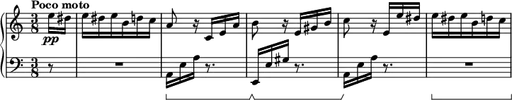 \new PianoStaff <<
\time 3/8
\new Staff = "up" {
\tempo "Poco moto" 4=70
\set Score.tempoHideNote = ##t
\partial 8 e''16\pp dis''
e'' dis'' e'' b' d'' c''
a'8 r16 c' e' a'
b'8 r16 e' gis' b'
c''8 r16 e' e'' dis''
e'' dis'' e'' b' d'' c''
}
\new Staff = "down" {
\clef bass
\set Staff.pedalSustainStyle = #'bracket
\partial 8 r8
R8*3
a,16\sustainOn e a r8.
e,16\sustainOff\sustainOn e gis r8.
a,16\sustainOff\sustainOn e a r8.
R8*3\sustainOn
}
>>