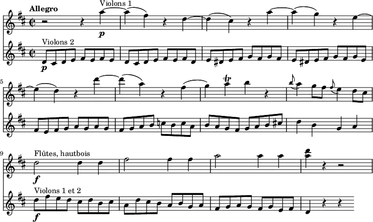 <<
\new Staff
\relative c'' {
\version "2.18.2"
\clef "treble"
\tempo "Allegro"
\key d \major
\time 2/2
\tempo 4 = 160
r2 r4 a'4\p ^\markup{Violons 1} ~
a (fis) r4 d ~
d (cis) r4 a' ~
a (g) r4 e ~
e (d) r4 d' ~
d (a) r4 fis
(g) a\trill b r4\grace b8 (a4) g8 fis \grace fis8 (e4) d8 cis
d2\f^\markup{Flûtes, hautbois} d4 d
fis2 fis4 fis
a2 a4 a
<a d> r4 r2
}
\new Staff
\relative c'' {
\clef "treble"
\tempo "Andante"
\key d \major
\time 2/2
d,8\p^\markup{Violons 2} cis d e fis e fis e
d8 cis d e fis e fis d
e dis e fis g fis g fis
e dis e fis g fis g e
fis e fis g a g a g
fis g a b c b c a
b a g fis g a b cis!
d4 b g a
d8\f^\markup{Violons 1 et 2} fis e d cis d b cis
a d cis b a b g a
fis g a g fis g e fis
d4 r4 r4
}
>>