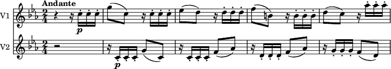<<
\new Staff \with { instrumentName = #"V1 "}
\relative c'' {
\version "2.18.2"
\key ees \major
\tempo "Andante"
\time 2/4
\tempo 4 = 50
r4 r16 c16-.\p c-. c-.
g'8 (c,) r16 c16-. c-. c-.
ees8 (d) r16 d16-. d-. d-.
f8 (b,) r16 b16-. b-. b-.
d8 (c) r16 aes'16-. aes-. aes-.
}
\new Staff \with { instrumentName = #"V2 "}
\relative c'' {
\key ees \major
\time 2/4
r2 r16 c,16-.\p c-. c-. g'8 (c,)
r16 c16-. c-. c-. f8 (aes)
r16 d,16-. d-. d-. f8 (aes)
r16 g16-. g-. g-. f8 (d)
}
>>
