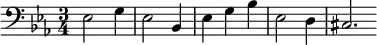 \relative c {
\clef bass
\key ees \major
\time 3/4
ees2 g4 ees2 bes4 ees4 g4 bes4 ees,2 d4 cis2. \bar ""
}