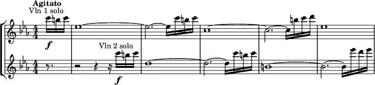 \new StaffGroup <<
\new Staff \relative c'' {
\numericTimeSignature
\key c \minor
\bar ""
\tempo "Agitato"
\override TextScript #'X-offset = #-5
\partial 8.
c'16\f^"Vln 1 solo" b c |
es,1~ | es2.~ es16 c' b c |
c,1~ | c2.~ c16 b' c d | es,1

}
\new Staff \relative c'' {
\numericTimeSignature
\key c \minor
\override TextScript #'X-offset = #-5
r8. |
r2 r4 r16 c'16\f^"Vln 2 solo" b c | d,1~ |
d2.~ d16 c' b c | b,1~|b2.~ b16 es' d es
}
>>