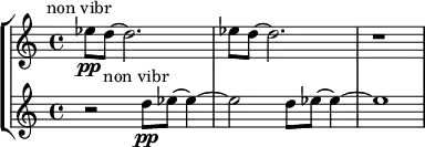 \new StaffGroup <<
\new Staff \relative c'' {
\bar ""
\override TextScript #'X-offset = #-5
es8\pp^"non vibr" d~ d2. |es8 d~ d2.|r1|


}
\new Staff \relative c'' {
\override TextScript #'X-offset = #-5
r2 d8\pp^"non vibr" es~ es4~ | es2 d8 es~ es4~| es1 |

}
>>