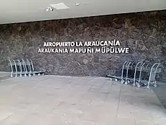 Acceso principal al aeropuerto con letrero bilingüe en español e idioma mapuche