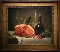 Bodegón con jamón, botellas y nabos