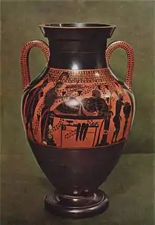 Ánfora ática bilingüe: Cara B (figuras negras), 520-510 a. C. Proveniencia: Vulci. Atribuida al pintor de Andócides (Staatliche Antikensammlungen de Múnich).
