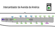 Mapa de la distribución de dársenas del intercambiador de Avenida de América con la distribución de cabeceras de las líneas de autobuses, entre las que aparece la línea 261.