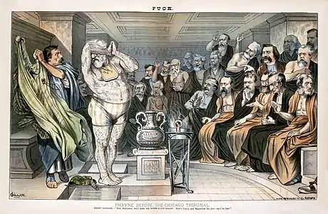 Friné ante el Tribunal de Chicago de Bernhard Gillam, revista Puck, v. 15, no. 378 (4 de junio de 1884).