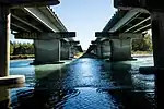 view across a river between two bridges