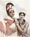 Boki, un gobernante hawaiano del siglo XIX, con yelmo de plumas y capa de plumas.