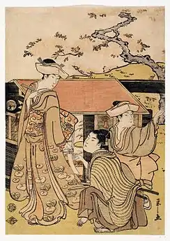 Observación de los cerezos en flor en la colina Gotenyama, xilografía de madera a color, c. 1791–1797