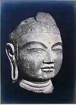 A Buddha head in three-quarter view with elongated earlobe, thick lips, narrow slit eyes and broad nose.