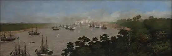 Ataque de la escuadra brasileña a las baterías de Curupayti, el 22 de septiembre de 1866, de Cándido López. 1901. Museo Nacional de Bellas Artes