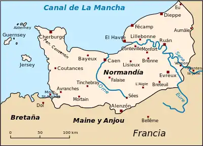 Évreux situado en un mapa de la Normandía histórica