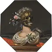 Vanitas con busto de una dama con una corona de flores en una repisa (1688), de Catarina Ykens II, colección privada