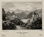 Grabado de un castillo sobre un valle