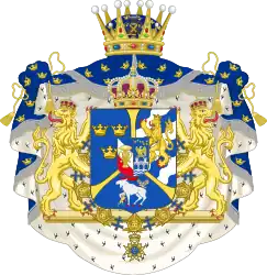 Las antiguas armas del rey Carlos XVI Gustavo de Suecia como príncipe heredero, con un manto azul que refleja el manto principesco sueco.