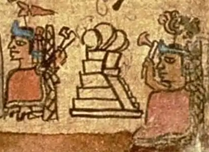 Tlatoque sentados en tronos, uno empuñando un tlaximaltepoztli y el otro tiene su tlaximaltepoztli en su estuche que cuelga de su trono. Códice Veinte Mazorcas.