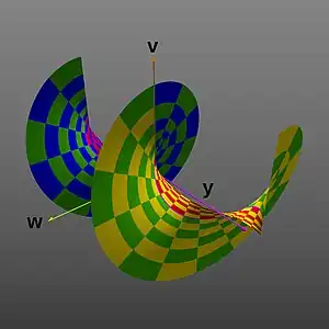 Proyección en las dimensiones 
  
    
      
        y
      
    
    {\displaystyle y}
  
, 
  
    
      
        v
      
    
    {\displaystyle v}
  
 y 
  
    
      
        w
      
    
    {\displaystyle w}
  
, produciendo una forma espiral. (
  
    
      
        y
      
    
    {\displaystyle y}
  
rango extendido a ± 2π, nuevamente como imagen en perspectiva 2-D).