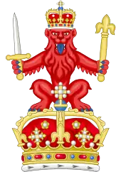 Cimera del Escudo de armas de Escocia (1837) sobre la corona, un león sejante de frente (affrontée) de gules, coronado imperialmente de oro, sosteniendo en la zarpa diestra una espada y en la zarpa siniestra un cetro.