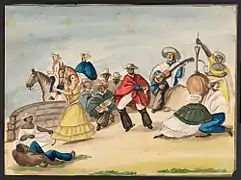 Danzantes, músicos y un vendedor de chicha en una romería.